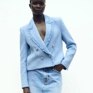 Zara Light Blue Tweed Blazer Jacket